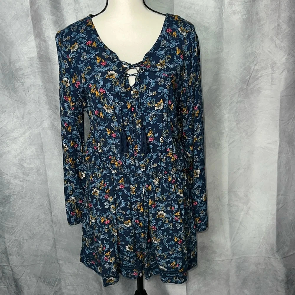 Xhilaration Blue Floral Long Sleeve Lace Up Romper - Medium